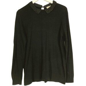 LOFT Black long sleeve sweater with Jeweled Collar, XL, Button closure in back